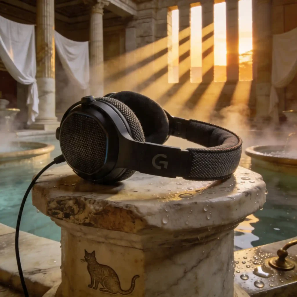 Quelle alternative arctis nova privilégier en 2026 ? 9 Casque Logitech Astro A50 Gen 5 sur socle en pierre dans une salle thermale romaine, vapeur chaude, coussinets respirants visibles, lumière dorée, grain 35mm.