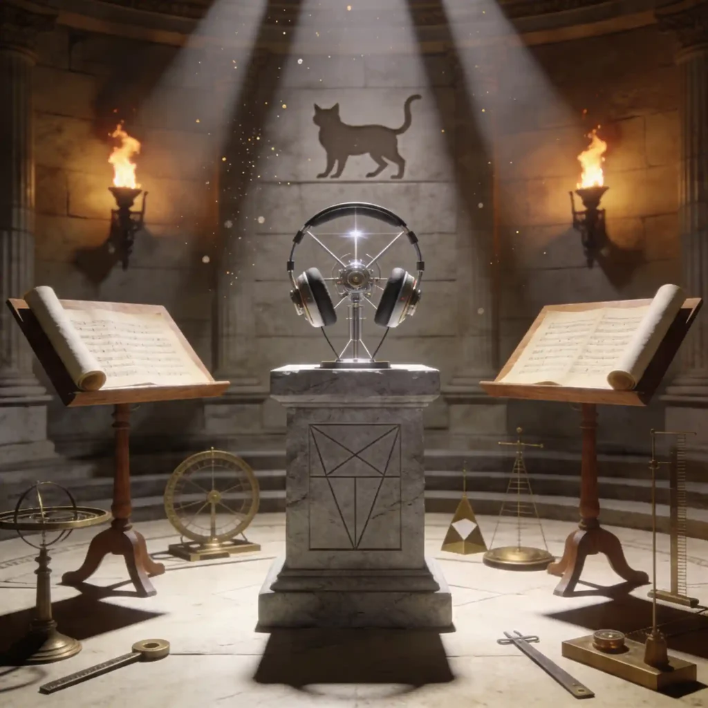 Scriptorium acoustique romain avec casque Beyerdynamic T1 sur socle de pierre, entouré d'instruments de mesure et de partitions. Éclairage aux torches, atmosphère analytique.