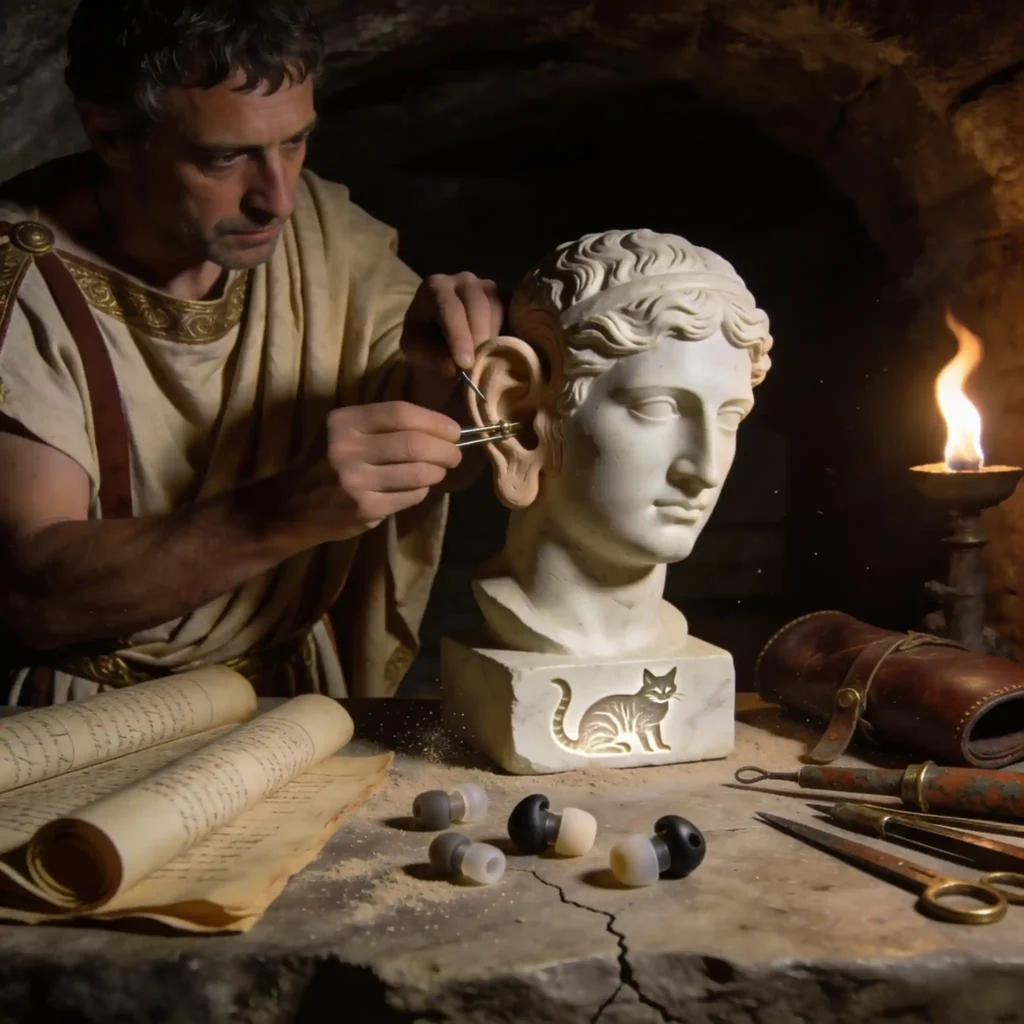 Médecin romain dans les catacombes démontrant la technique de traction du pavillon avec embouts IEM modernes et modèles anatomiques anciens.