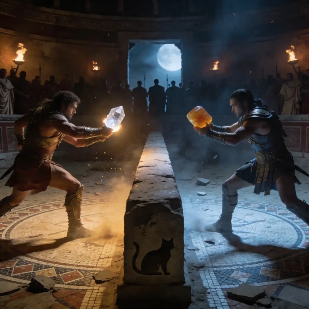 Arène romaine souterraine, guerrier LC3 à gauche réactif sous torche chaude, guerrier aptX Adaptive à droite flexible sous lune froide, foule silhouettée, chat sibérien gravé