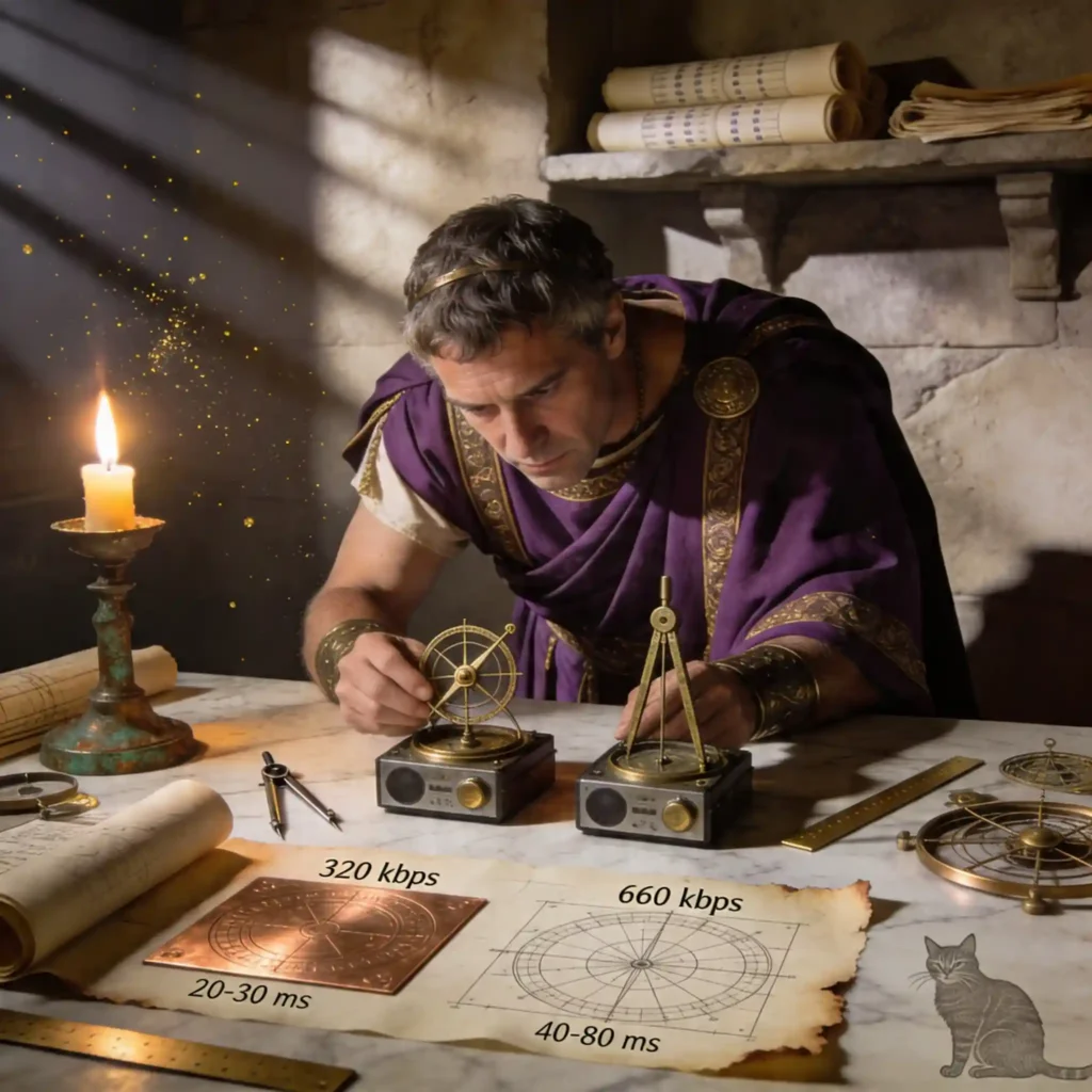 Préteur romain examinant deux artefacts audio avec compas en bronze, table encombrée de parchemins techniques et instruments de mesure, lumière rasante chaude, chat sibérien gravé