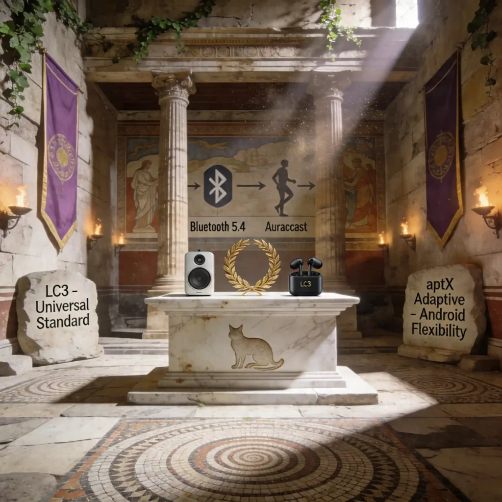 Salle de triomphe romaine, autel de marbre avec couronne de laurier entre LC3 et aptX Adaptive, colonnes corinthiennes, bannières pourpres, chat sibérien gravé, lumière dramatique