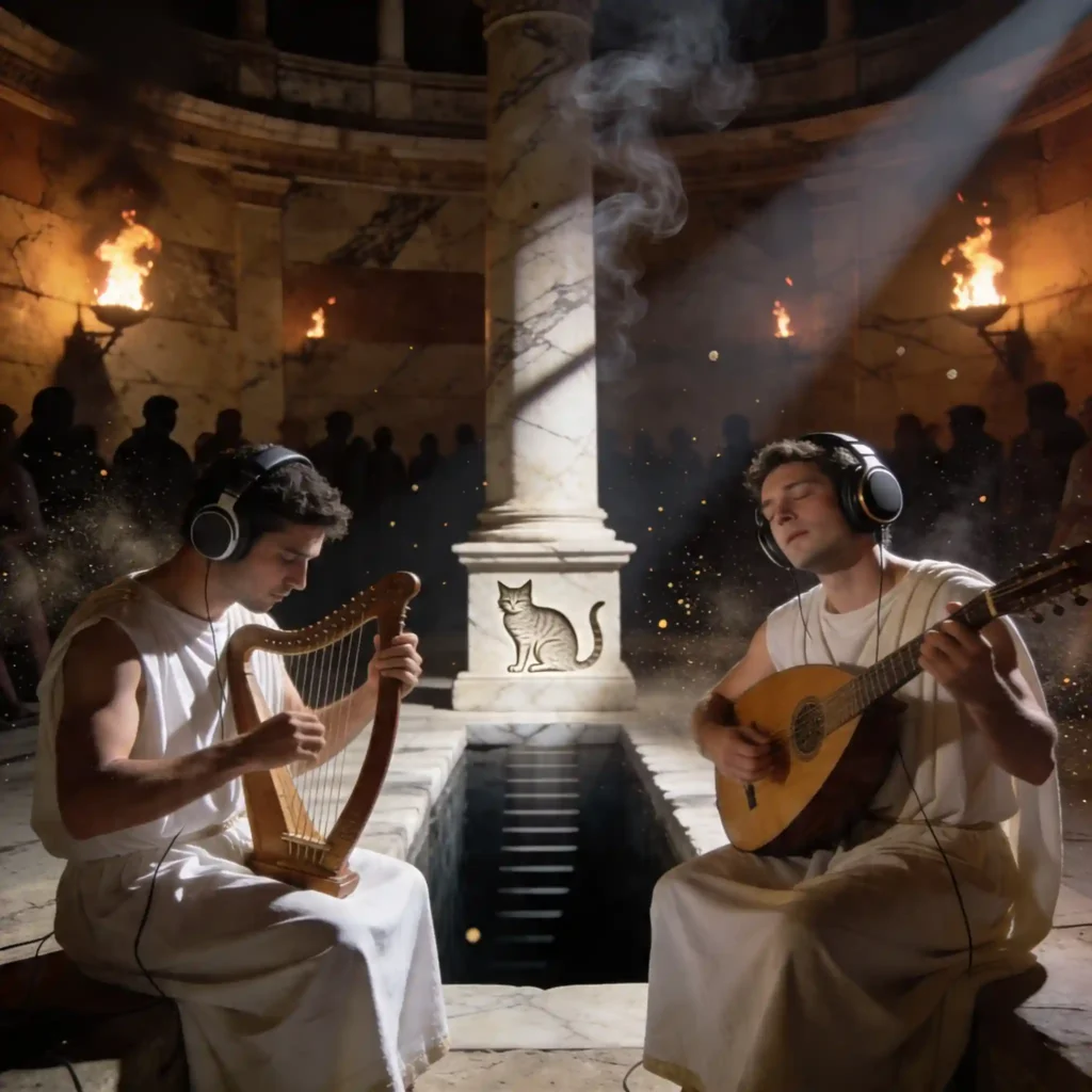 Sundara vs Edition XS : quel planar choisir en 2026 ? 4 Deux musiciens romains en arène souterraine, l'un analytique avec le Sundara, l'autre immersif avec l'Edition XS, fosse acoustique profonde entre eux