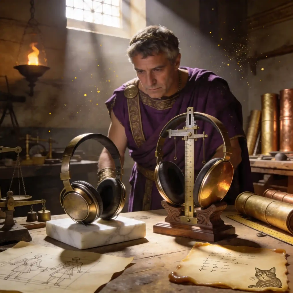 Sundara vs Edition XS : quel planar choisir en 2026 ? 1 Préteur romain examinant deux casques planar avec compas et instruments de mesure dans un atelier antique, lumière rasante dramatique