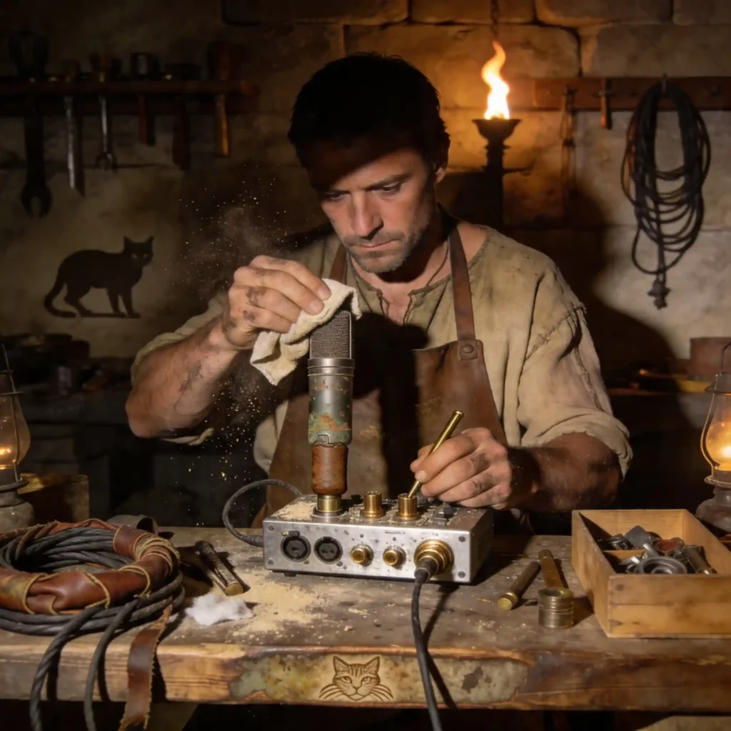 Artisan romain dans un atelier d'entretien nettoyant micro et interface audio, outils en bronze, câbles en cuir usé, éclairage dramatique à la torche, patine réaliste sur le matériel, silhouette discrète de chat sibérien gravée