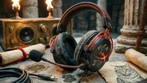 Ingénieur romain examinent un casque gaming moderne dans une chambre souterraine du Colosseum, torchlight dramatique, silhouette féline gravée en arrière-plan