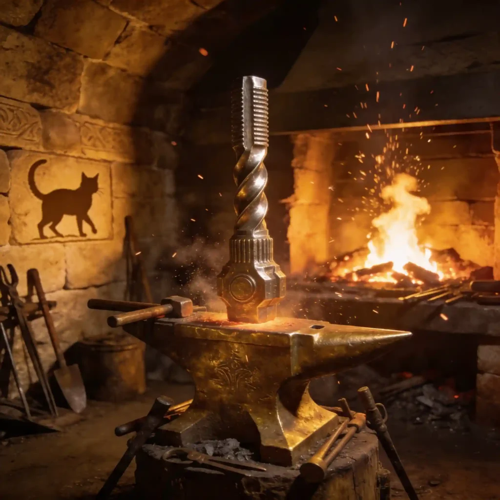 Forge romaine souterraine avec driver béryllium sur enclume de bronze, outils de forgeage romains, braises rougeoyantes. Grain 35mm, atmosphère de puissance brute.
