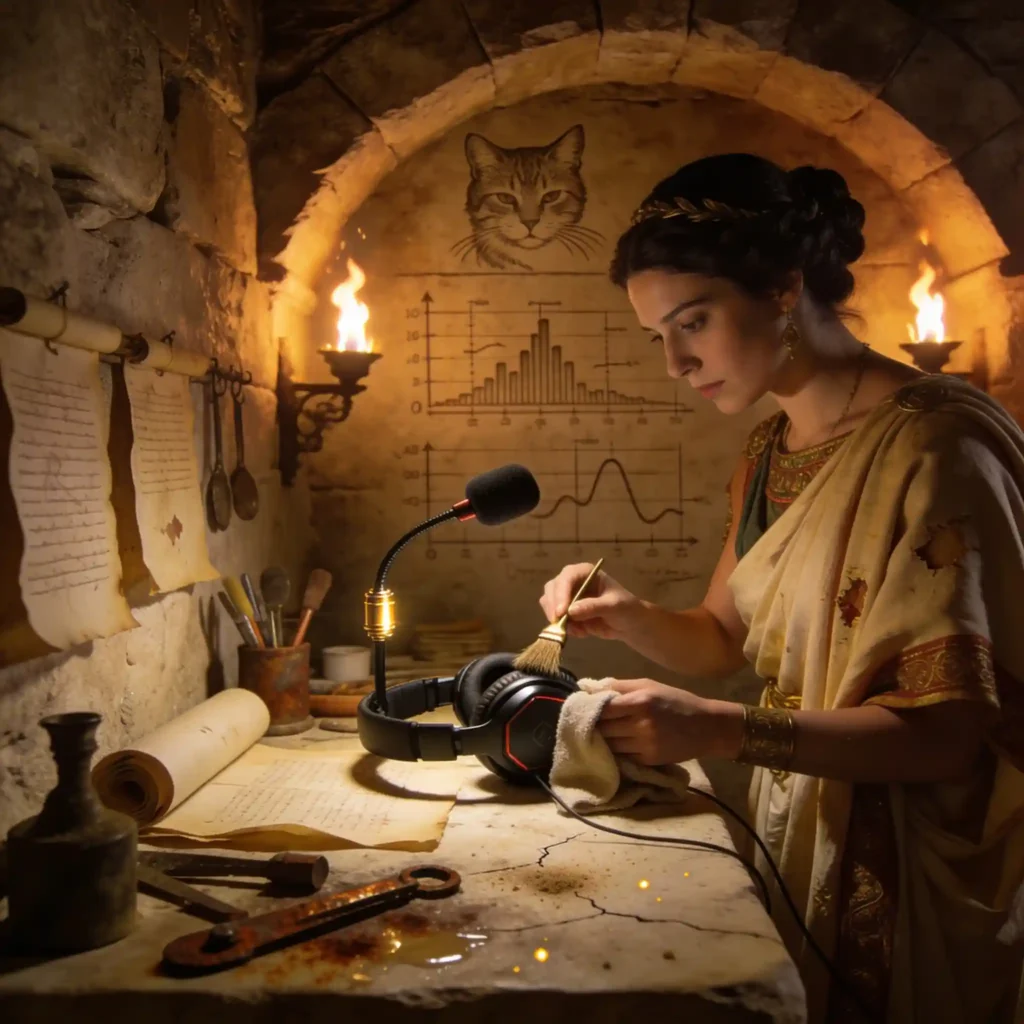 Prêtresse romaine nettoyant le micro d'un casque gaming dans les catacombes, lampe à huile, silhouette féline gravée dans l'arche