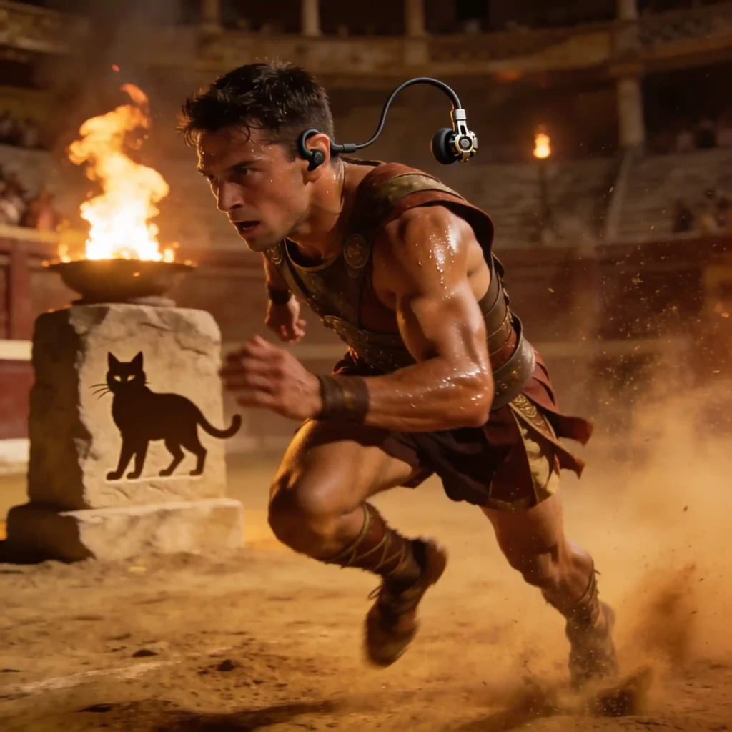 Quelle alternative jabra elite choisir pour le sport en 2026 ? 5 Athlète romain en sprint violent dans arène poussiéreuse, écouteurs avec crochets Powerhook stables derrière le cartilage, lumière torche vacillante, silhouette de chat gravée sur pierre.