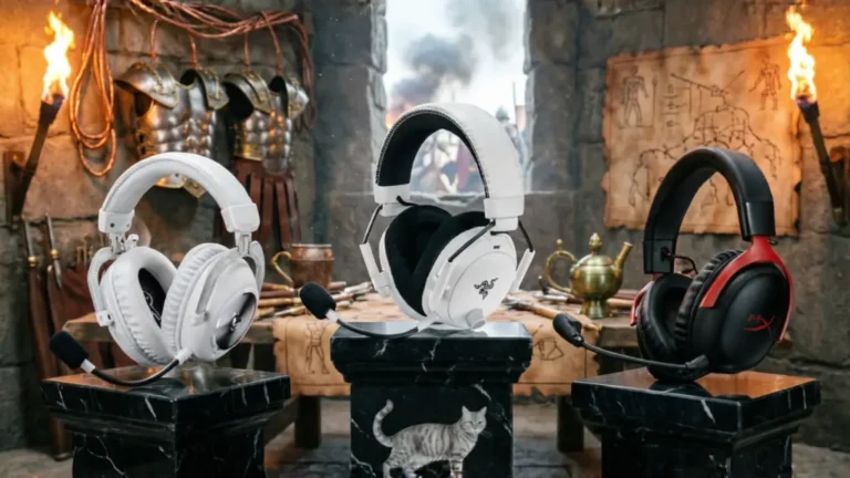 Trois casques gaming sans fil sur socles de marbre noir dans une salle de commandement romaine souterraine, éclairés par des torches, avec cartes de bataille et armures en arrière-plan.