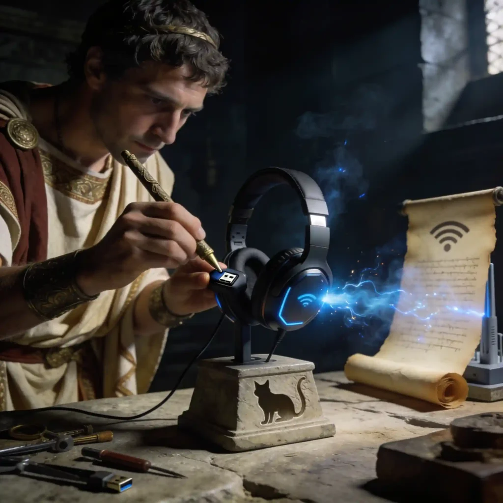 Logitech G PRO X : 5 problèmes et solutions en 2026 5 Intervention dramatique : médecin romain appuyant sur bouton de réinitialisation avec stylus antique, récepteur USB distant de source d'interférence, étincelles bleutées suggérant resynchronisation