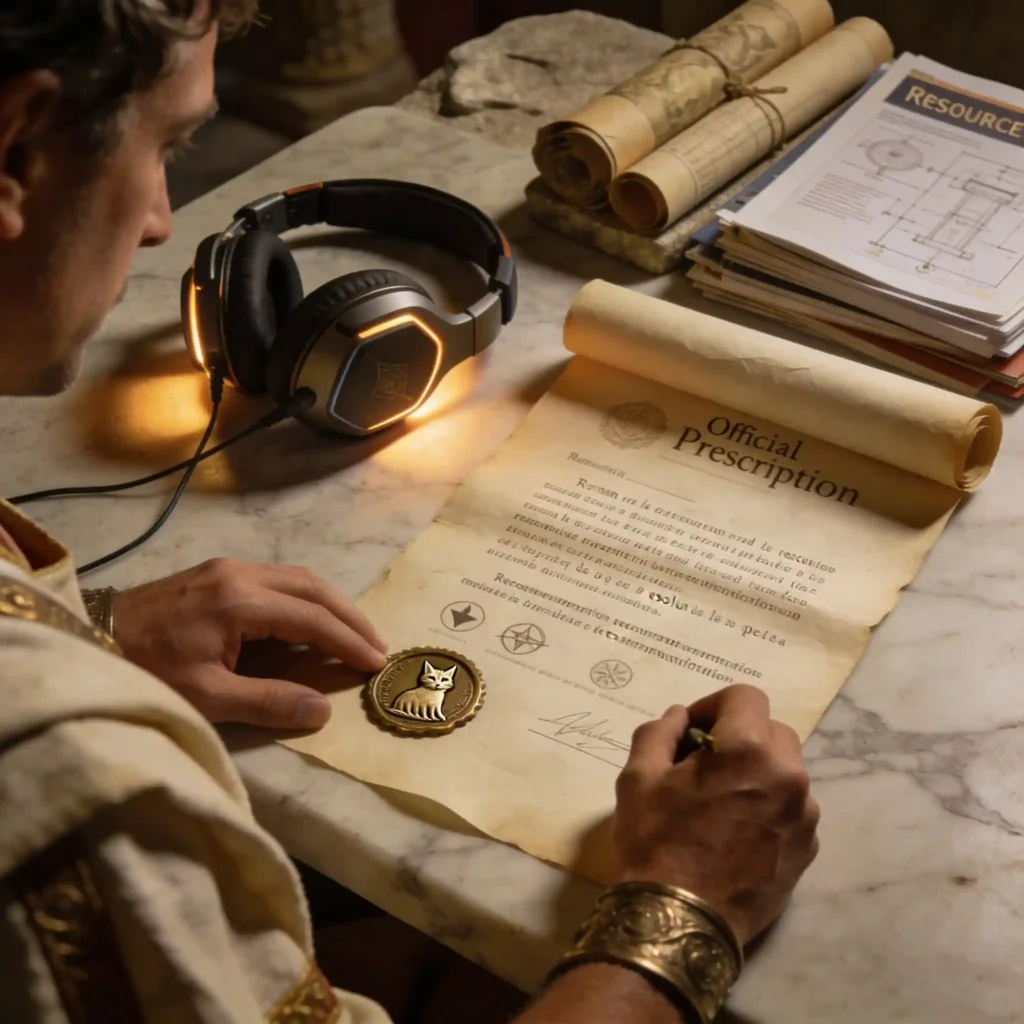 Logitech G PRO X : 5 problèmes et solutions en 2026 14 Prescription finale : médecin romain déroulant parchemin officiel avec sceaux en bronze, casque restauré illuminé par lumière plus chaude, rouleaux de ressources empilés, expression de satisfaction professionnelle