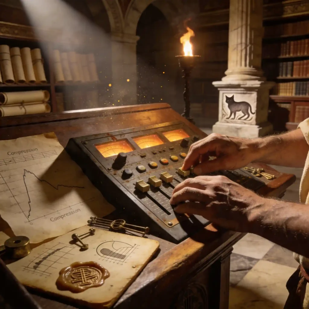 Scribe romain ajustant une interface audio dans une bibliothèque antique, mains weathered sur les contrôles, parchments avec diagrammes EQ, éclairage dramatique à la torche, grain 35mm, silhouette féline gravée discrètement