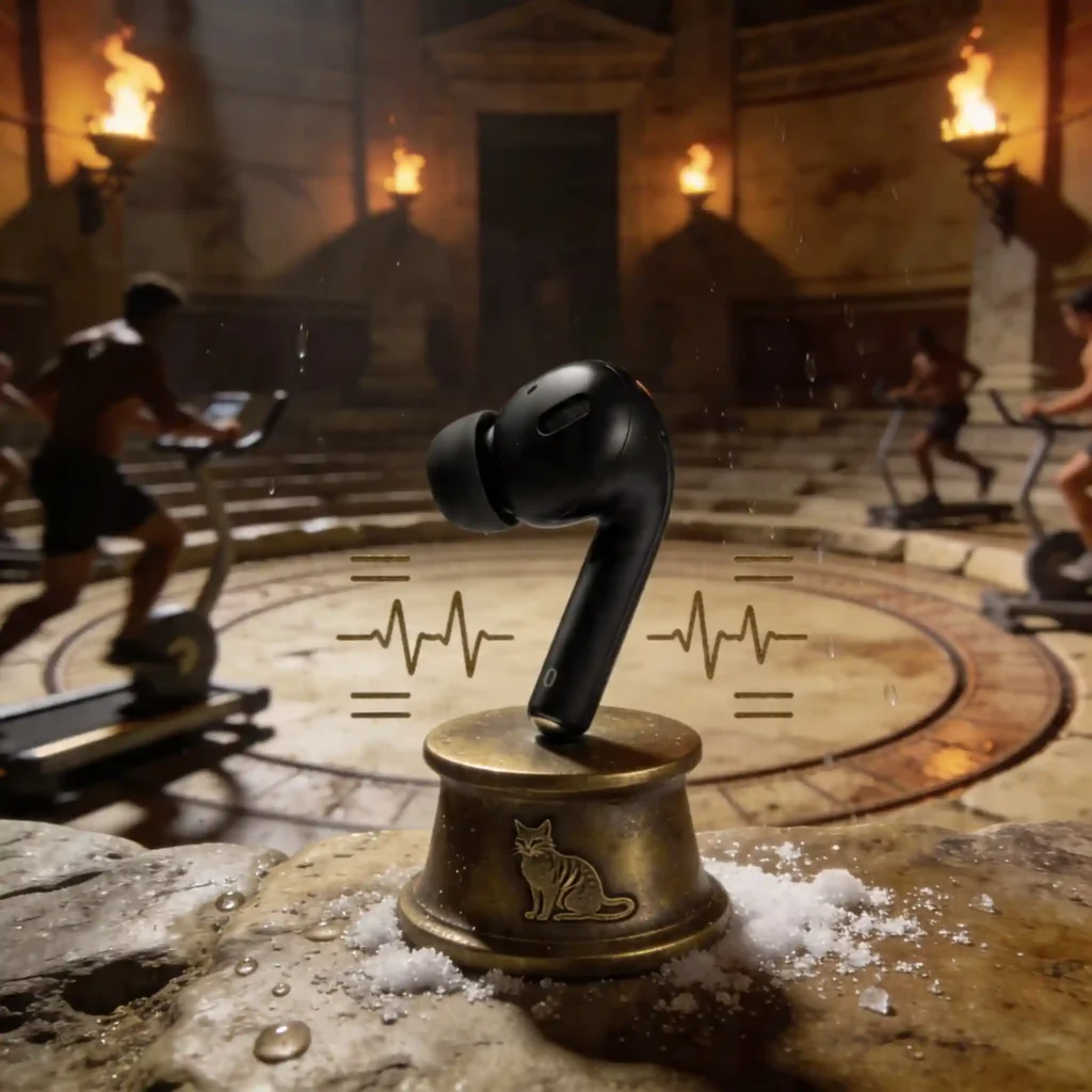 Quelle alternative aux AirPods sport choisir en 2026 ? 5 Salle de cardio romaine : écouteur Nothing Ear (a) noir épuré sur socle de bronze, entouré de symboles de rythme cardiaque. Torches murales, athlètes en arrière-plan flou, silhouette de chat sibérien gravée.