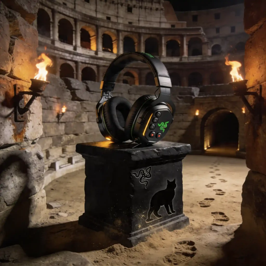 Quelle alternative arctis nova privilégier en 2026 ? 18 Casque Razer Blackshark V3 Pro sur socle noir dans une arène romaine souterraine, commandes tactiles illuminées, isolation acoustique symbolisée par murs massifs, grain 35mm.