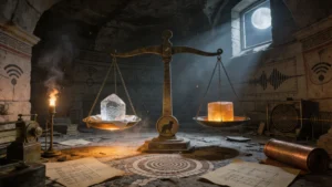 Balance romaine en bronze dans une salle de commandement souterraine, cristal LC3 à gauche sous torche chaude, bloc ambre aptX à droite sous lune froide, parfaitement équilibrée, silhouette de chat sibérien gravée sur le pivot