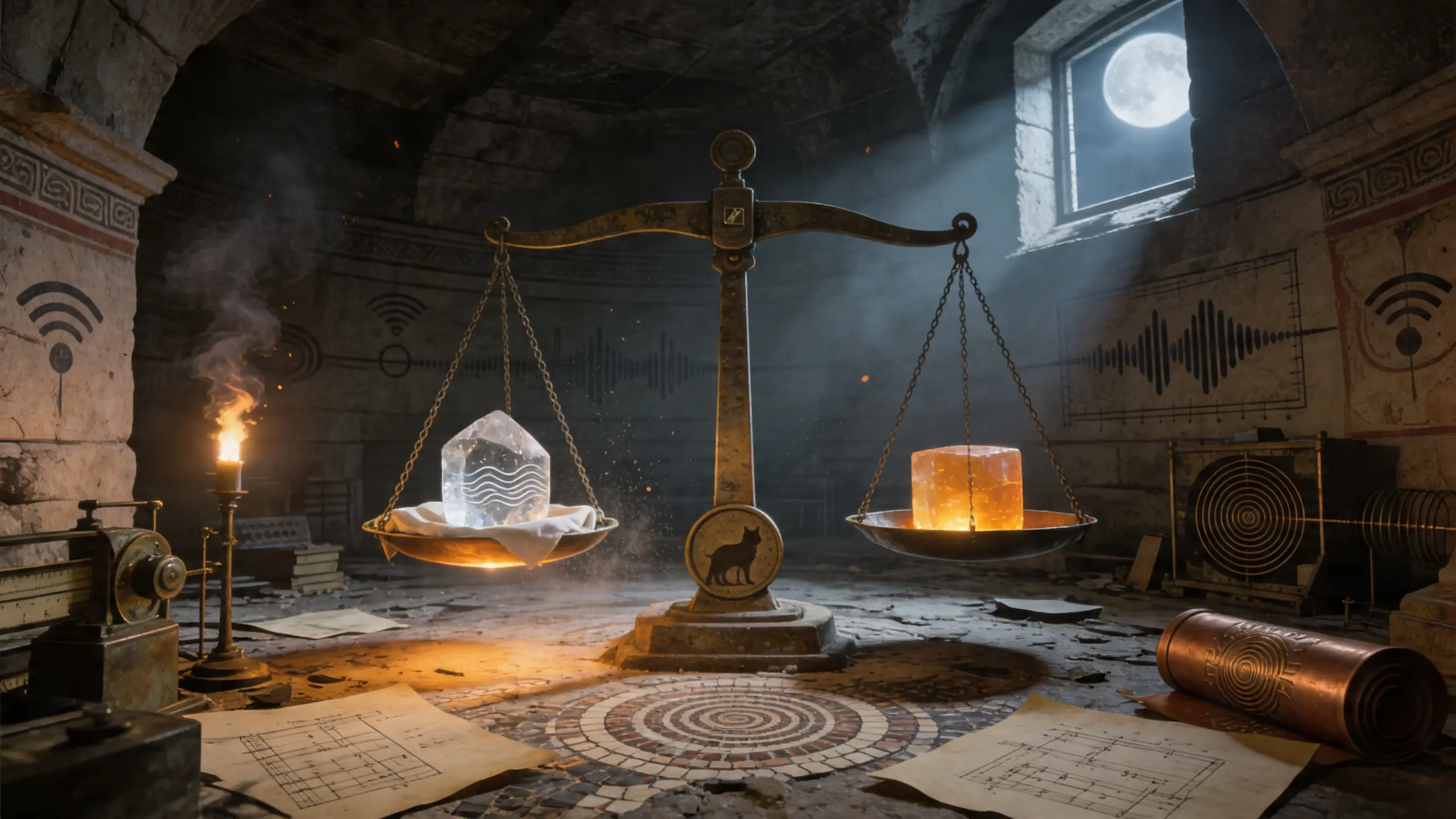Balance romaine en bronze dans une salle de commandement souterraine, cristal LC3 à gauche sous torche chaude, bloc ambre aptX à droite sous lune froide, parfaitement équilibrée, silhouette de chat sibérien gravée sur le pivot