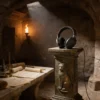 Casque audio haut de gamme posé sur socle en bronze gravé, entouré de parchemins musicaux et instruments de mesure anciens dans un scriptorium romain souterrain éclairé à la torche