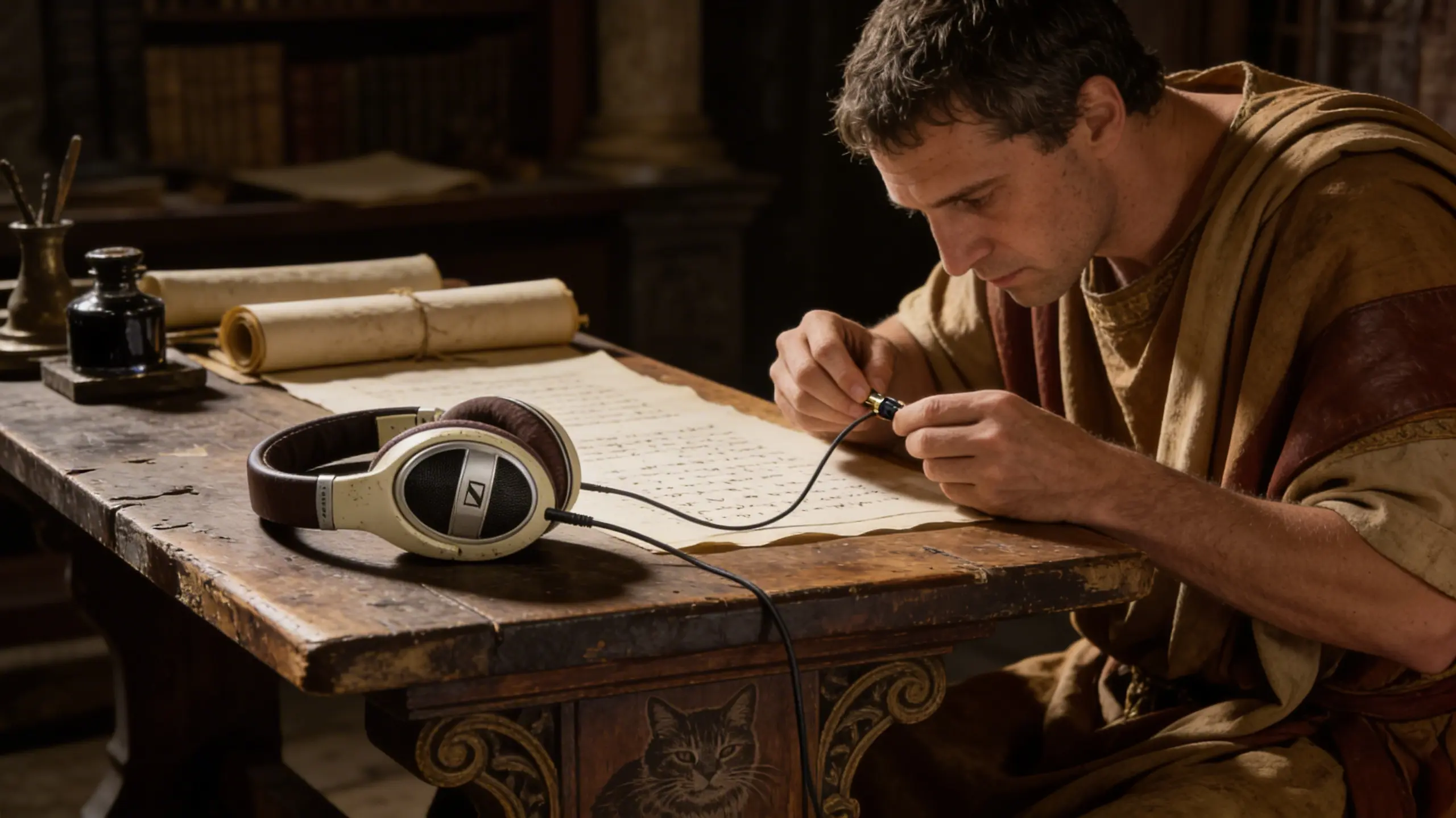 Un scribe romain examine un câble audio avec des écouteurs, concentré sur un problème de son.