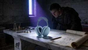 Table d'examen clinique romaine avec casque audio premium posé comme patient, outils de diagnostic en bronze, lumière bleu-violet froide, médecin en toge dans l'ombre
