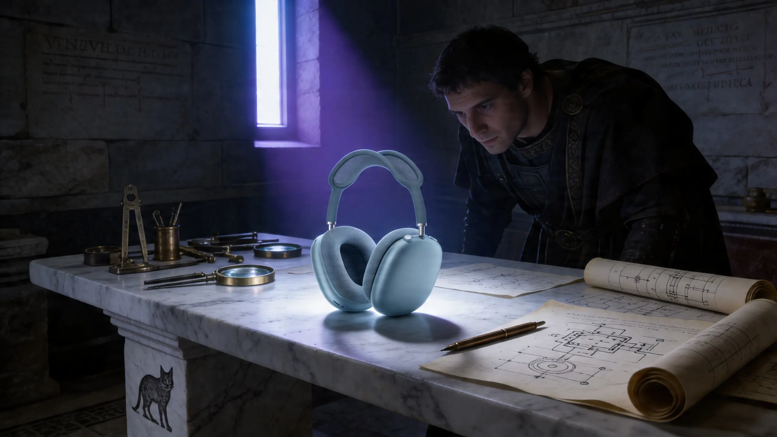 Table d'examen clinique romaine avec casque audio premium posé comme patient, outils de diagnostic en bronze, lumière bleu-violet froide, médecin en toge dans l'ombre