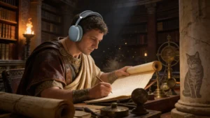 Un scribe romain dans une bibliothèque poussiéreuse, utilisant un casque airpods max 2 moderne au milieu de rouleaux anciens.