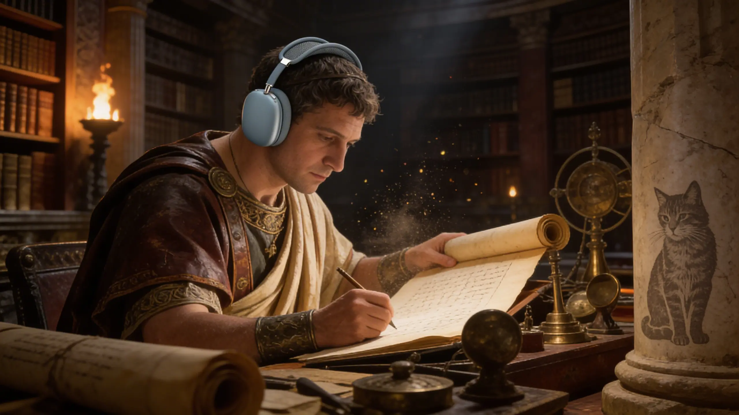 Un scribe romain dans une bibliothèque poussiéreuse, utilisant un casque airpods max 2 moderne au milieu de rouleaux anciens.