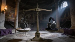 Salle de triomphe romaine, deux casques sur autel de marbre, couronne de laurier hybride entre eux, inscription latine 'Utrumque Vincit', fresques de guerrier et philosophe, chat sibérien couronné gravé sur le socle.