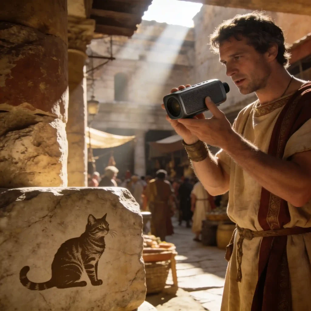 AirPods Max 2 : la puce H2 impose un silence absolu en 2026 6 A Roman engineer demonstrating modern audio technology in a bustling marketplace.