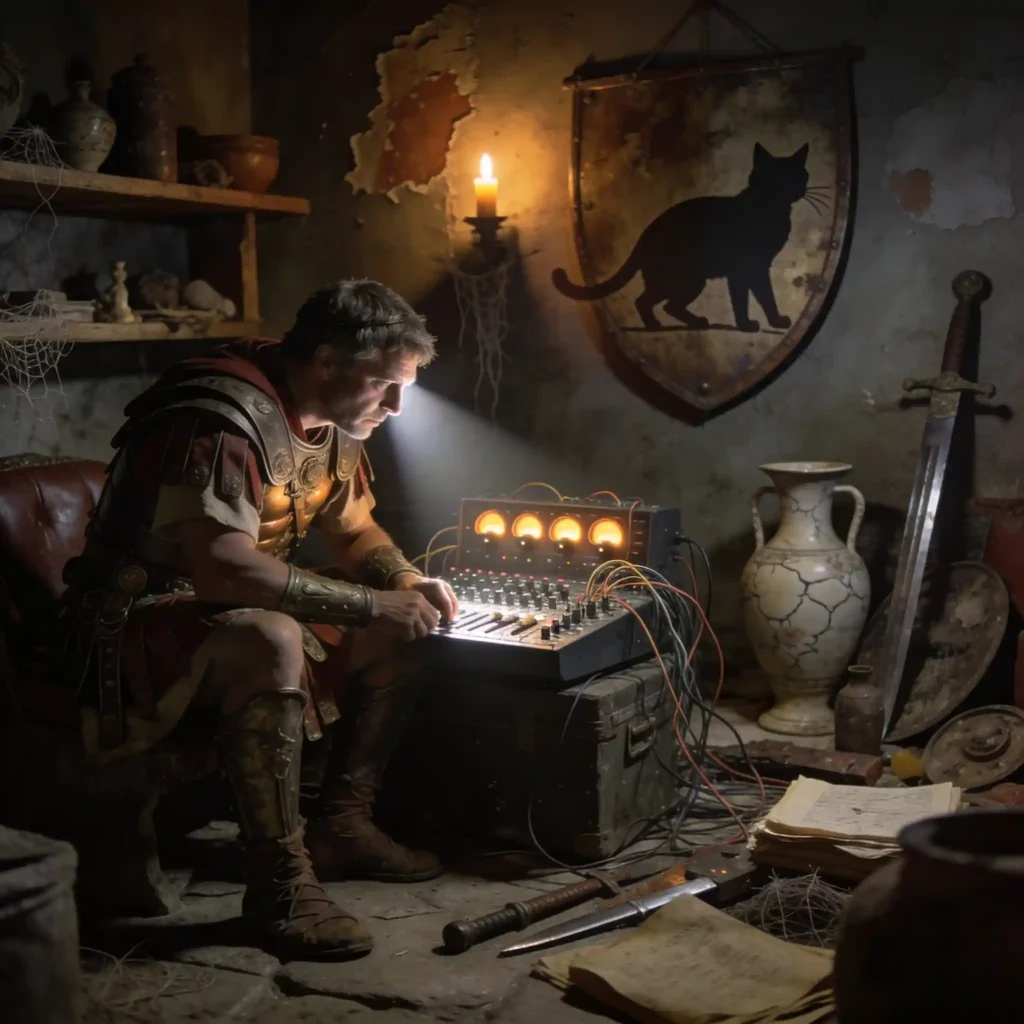 AirPods Max 2 : la puce H2 impose un silence absolu en 2026 5 A Roman veteran focusing on advanced audio equipment in a candlelit chamber.
