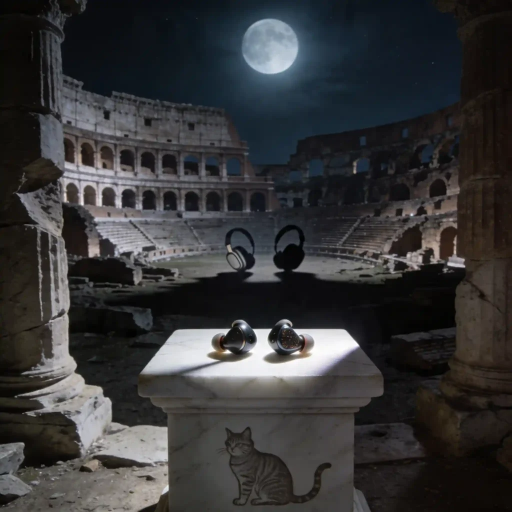 Amphithéâtre romain en ruines avec embouts intra-auriculaires au premier plan illuminés par la lune, silhouettes de casques dans les ombres. Grain 35mm, contraste dramatique.