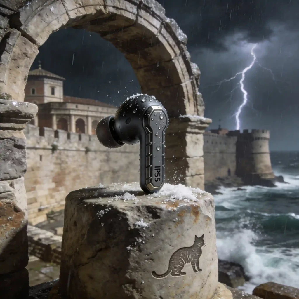 Quelle alternative aux AirPods sport choisir en 2026 ? 11 Forteresse romaine côtière sous tempête : écouteur Shokz Open Move robuste sur socle de pierre massive. Gouttelettes de pluie et sel marin, vagues en arrière-plan, éclairs, silhouette de chat sibérien gravée.