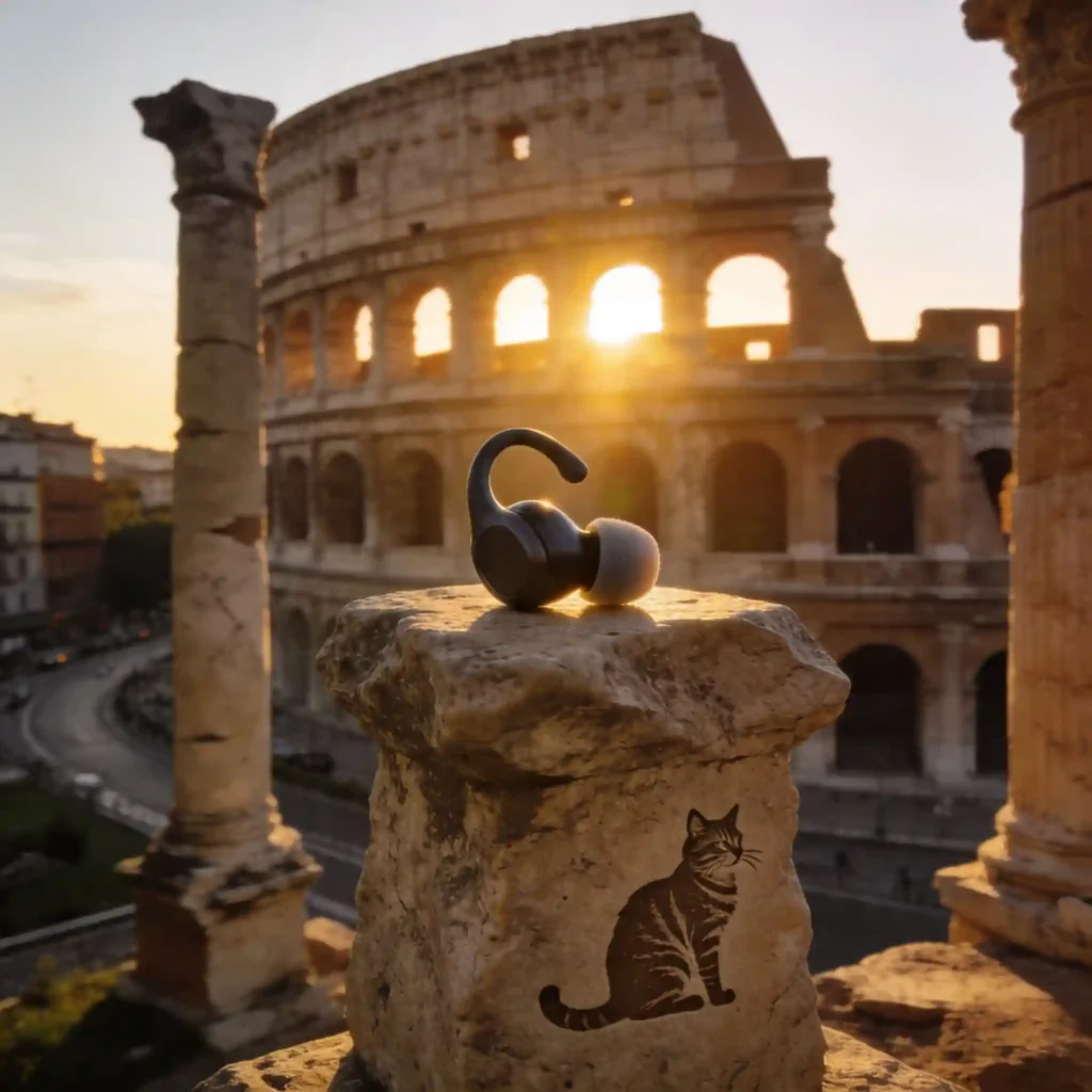 Quelle alternative aux AirPods sport choisir en 2026 ? 10 Amphithéâtre romain à l'aube : écouteur Shokz OpenFit Air aux crochets de mémoire de forme sur socle de pierre. Colonnes partiellement ruinées, environnement urbain en arrière-plan, silhouette de chat sibérien gravée.