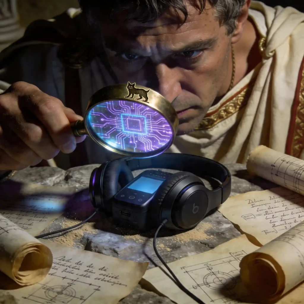 Sony WH-1000XM6 : 5 problèmes fréquents et solutions (2026) 5 Gros plan diagnostic : lentille grossissante révélant les défauts du casque sous lumière bleu-violet, parchemins d'annotation technique, expression grave du médecin