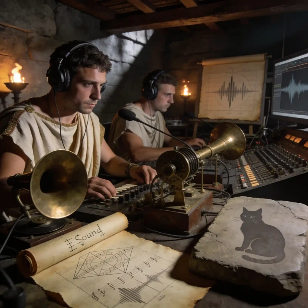 Casque monitoring studio : les 10 armures sonores de 2026 23 Un studio d'enregistrement romain avec des ingénieurs utilisant des casques de monitoring, éclairé par des lampes à huile.