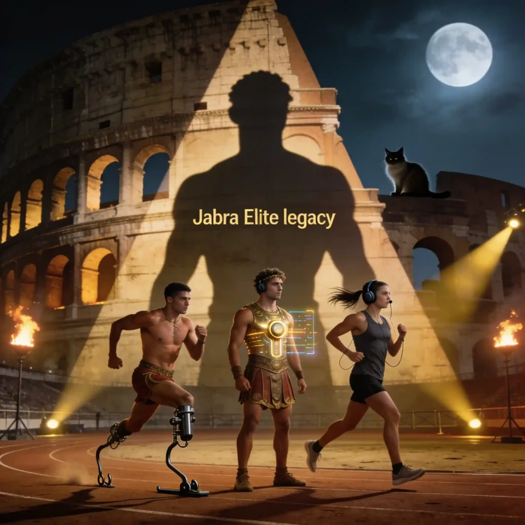 Quelle alternative jabra elite choisir pour le sport en 2026 ? 13 Trois athlètes romains côte à côte avec trois alternatives différentes, ombre massive de Jabra Elite derrière eux, silhouette de chat observant depuis arche romaine.