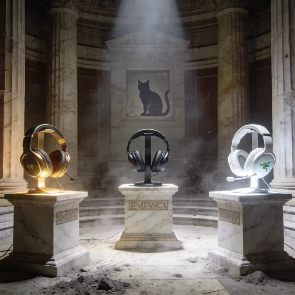 Quelle alternative arctis nova privilégier en 2026 ? 19 Trois casques gaming en confrontation dans une salle de jugement romaine, chacun illuminé différemment symbolisant leurs forces, silhouette de chat sibérien observant, grain 35mm lourd.