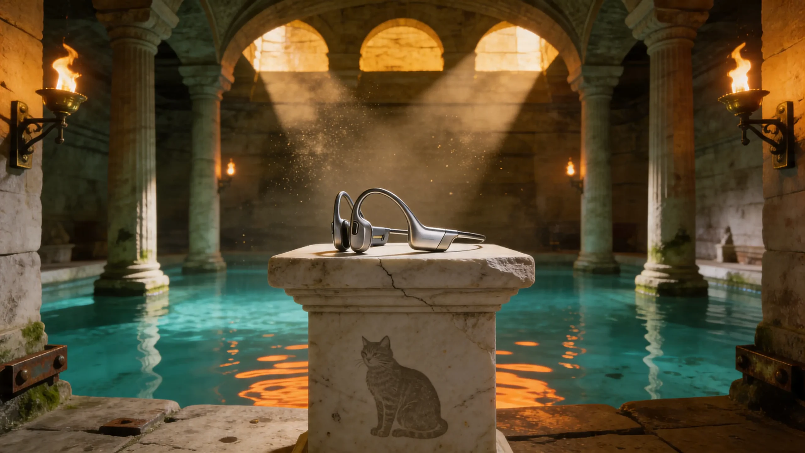 Écouteur de natation avec arceau en titane posé sur un socle de marbre dans une piscine romaine souterraine éclairée aux torches, avec colonnes corinthiennes et rayons de lumière dorée.