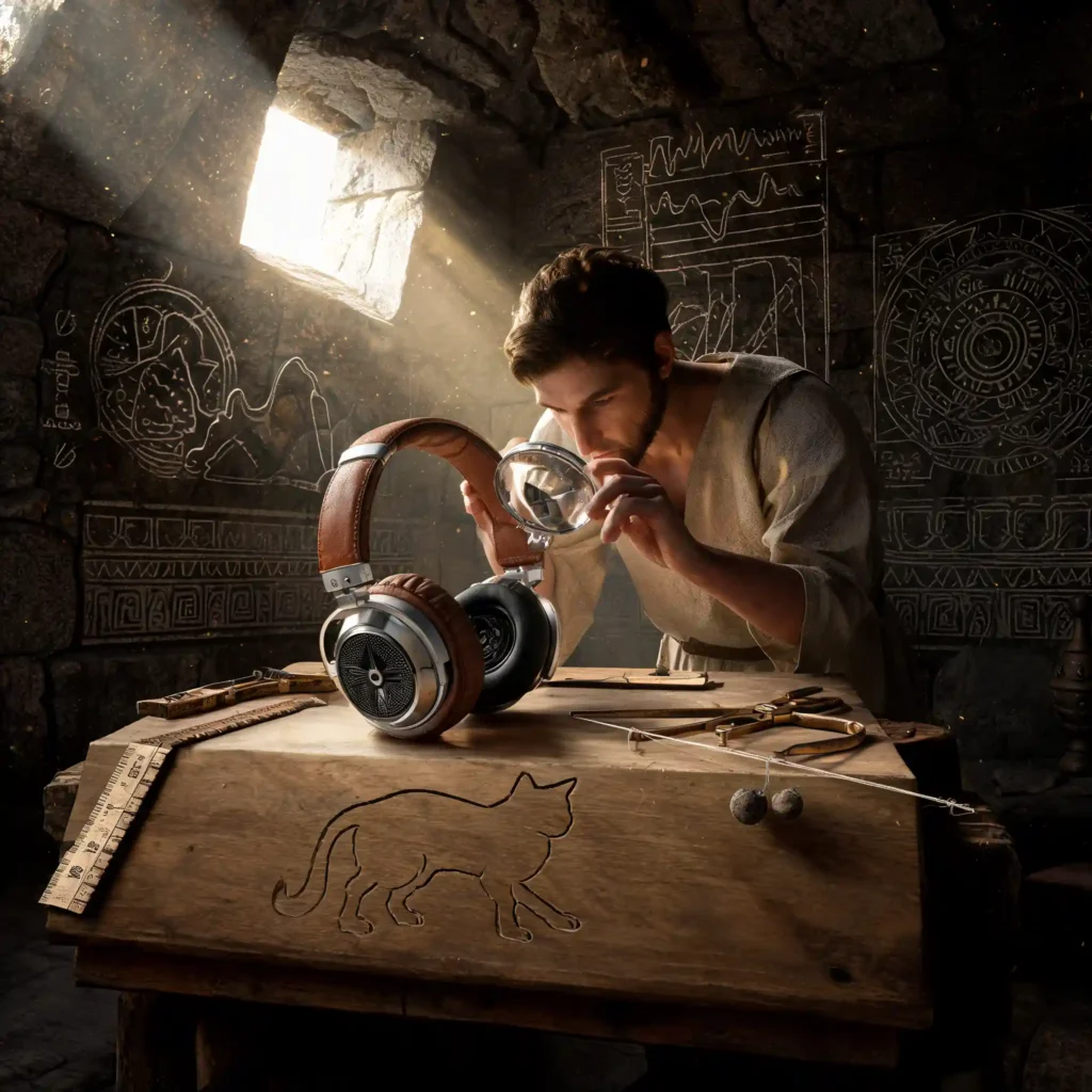 Atelier acoustique romain souterrain, ingénieur examinant un casque premium aux finitions nobles, cônes en carbone, instruments de mesure antiques, rayon de lumière diagonal.