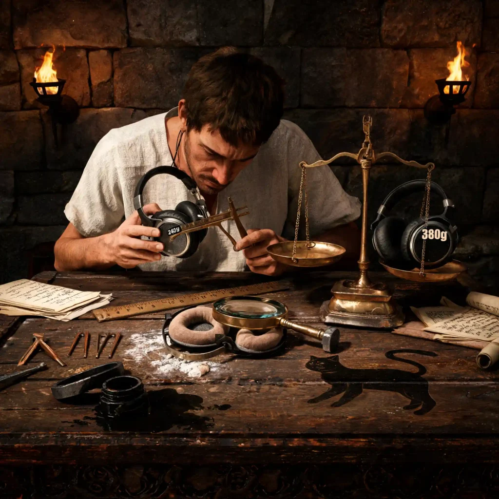 Artisan romain mesurant précisément deux casques audio avec instruments de bronze, balance révélant la différence de poids, atelier de facture acoustique antique.