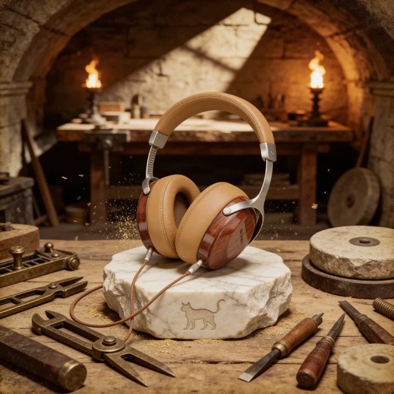 Analyse du Sivga Robin : un casque bois aux atouts uniques 13 Atelier romain souterrain avec établi en bois, casque aux coques en bois de rose sur socle de marbre, outils d'usinage anciens, éclairage aux torches dramatique, poussière dorée, grain 35mm.