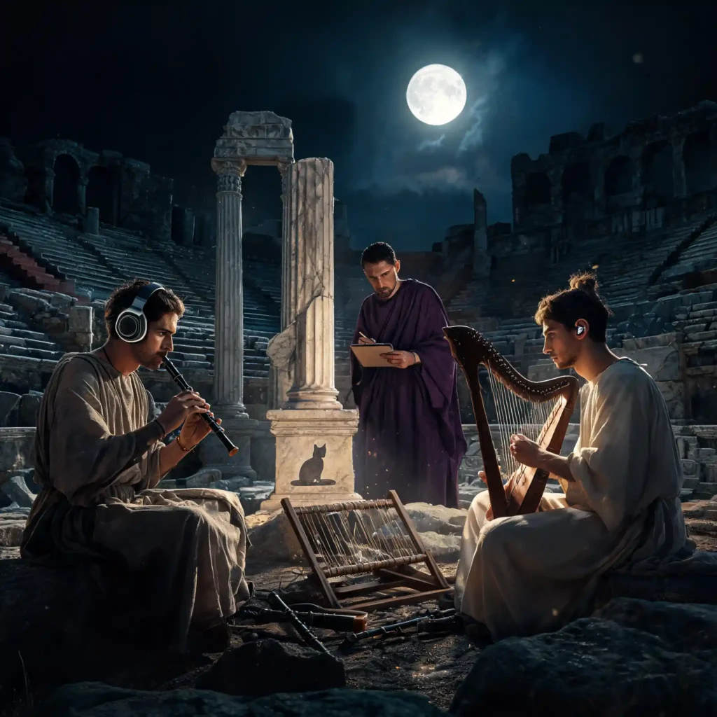 Duel acoustique dans un amphithéâtre romain en ruines : deux musiciens portant respectivement un casque de salon et un intra planaire, arbitre romain observant avec tablette de cire, instruments antiques entre eux, lumière lunaire rasante, grain 35mm