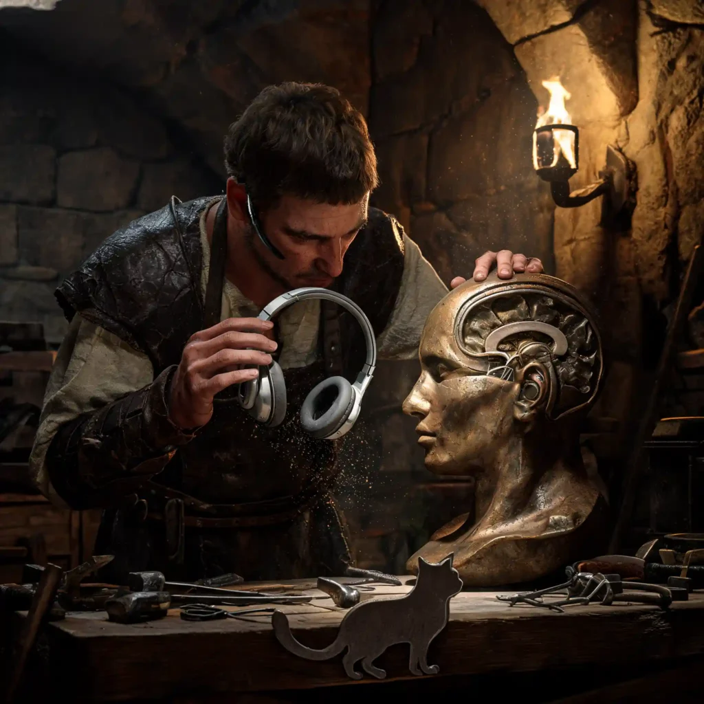 Choisir ton casque à conduction osseuse pour le sport en 2026 1 Artisan romain penché sur un établi, examinant les transducteurs d'un casque à conduction osseuse avec une maquette anatomique en bronze, lumière de torches dramatique