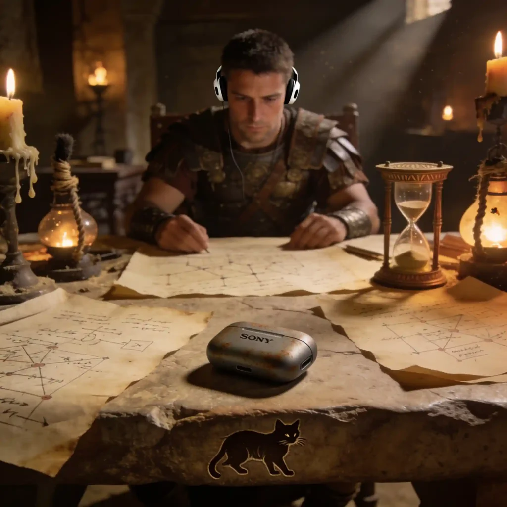 Écouteurs gaming : les 4 meilleurs modèles sans fil de 2026 1 Scribe romain en scriptorium souterrain portant écouteur Sony blanc/noir après heures d'utilisation, parchemins tactiques, lampes à huile fatiguées, boîtier de recharge visible, grain 35mm, silhouette de chat sibérien sur table