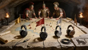 Scriptorium romain souterrain. Casque HiFiMAN Sundara reposant sur un pupitre en marbre blanc, membranes orthodynamiques brillantes sous lumière dorée rasante. Cristaux magnétiques, diagrammes acoustiques gravés, fils de cuivre entrecroisés.