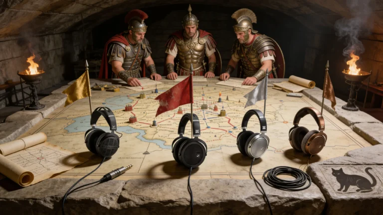 Scriptorium romain souterrain. Casque HiFiMAN Sundara reposant sur un pupitre en marbre blanc, membranes orthodynamiques brillantes sous lumière dorée rasante. Cristaux magnétiques, diagrammes acoustiques gravés, fils de cuivre entrecroisés.