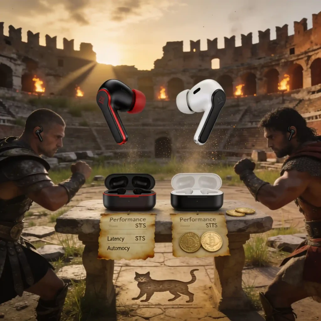 Écouteurs gaming : les 4 meilleurs modèles sans fil de 2026 6 Deux guerriers romains en amphithéâtre en ruines au crépuscule, portant écouteurs gaming (Razer et Sony), table avec boîtiers de recharge et stats de performance, pièces d'or, grain 35mm, silhouette de chat sibérien gravée au sol