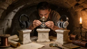 Trois casques planaires magnétiques sur socles en marbre dans une crypte romaine transformée en laboratoire acoustique, ingénieur penché examinant les membranes avec une loupe en bronze, torches vacillantes, parchemins acoustiques, grain 35mm visible
