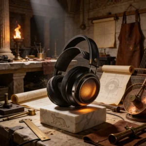 Atelier romain d'acoustique avec casque ouvert Philips Fidelio X2HR sur socle de marbre, éclairage dramatique à la torche, instruments de mesure en bronze, silhouette de chat sibérien gravée.
