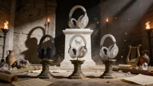Scriptorium romain luxueux avec trois casques audio premium éclairés au premier plan, un casque de référence en retrait dans l'ombre, torches romaines, rouleaux musicaux, grain 35mm.